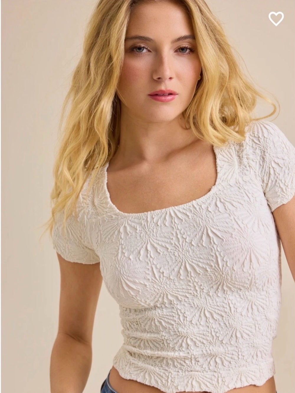 Cream Textured Square-Neck Short Sleeve Top